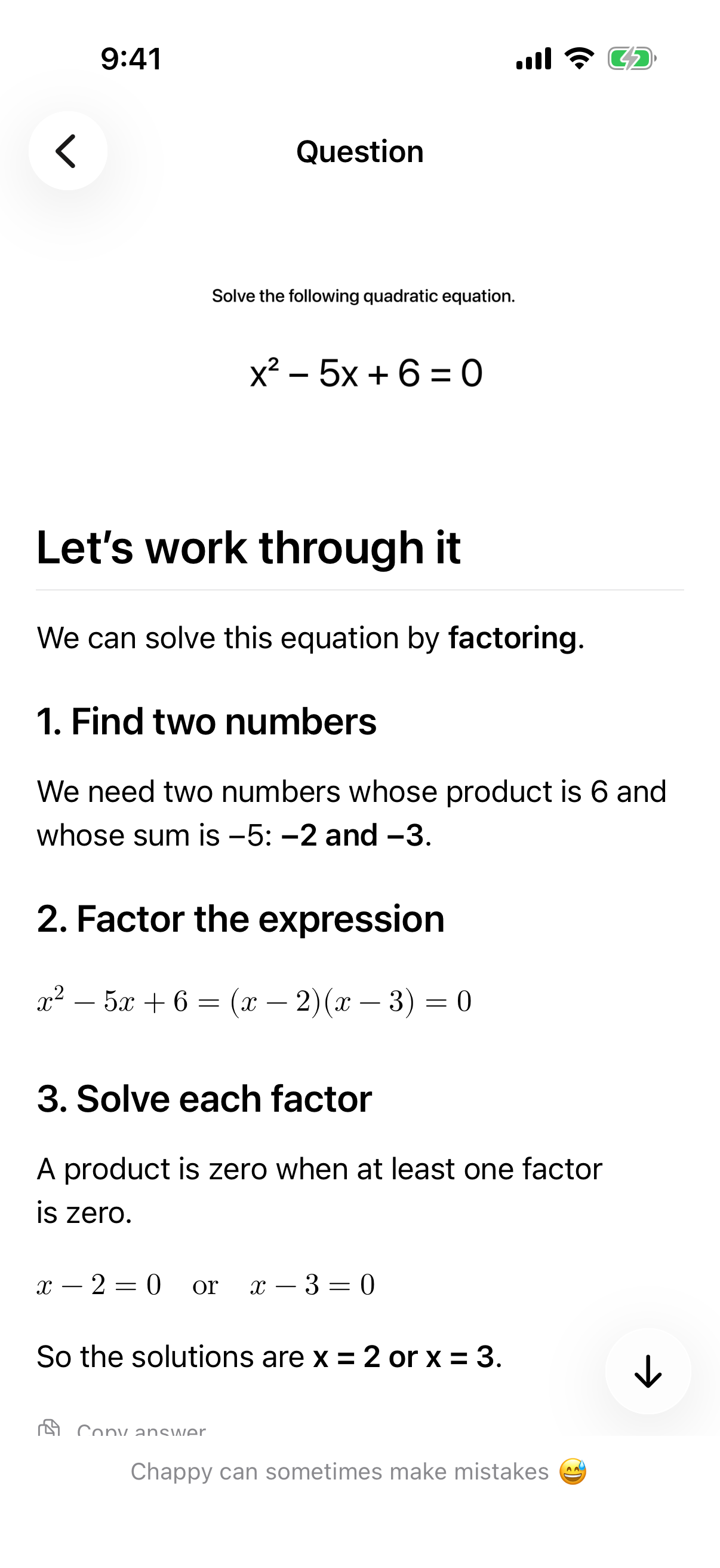 Chappy answer screen showing a question photo followed by an answer and explanation with equations